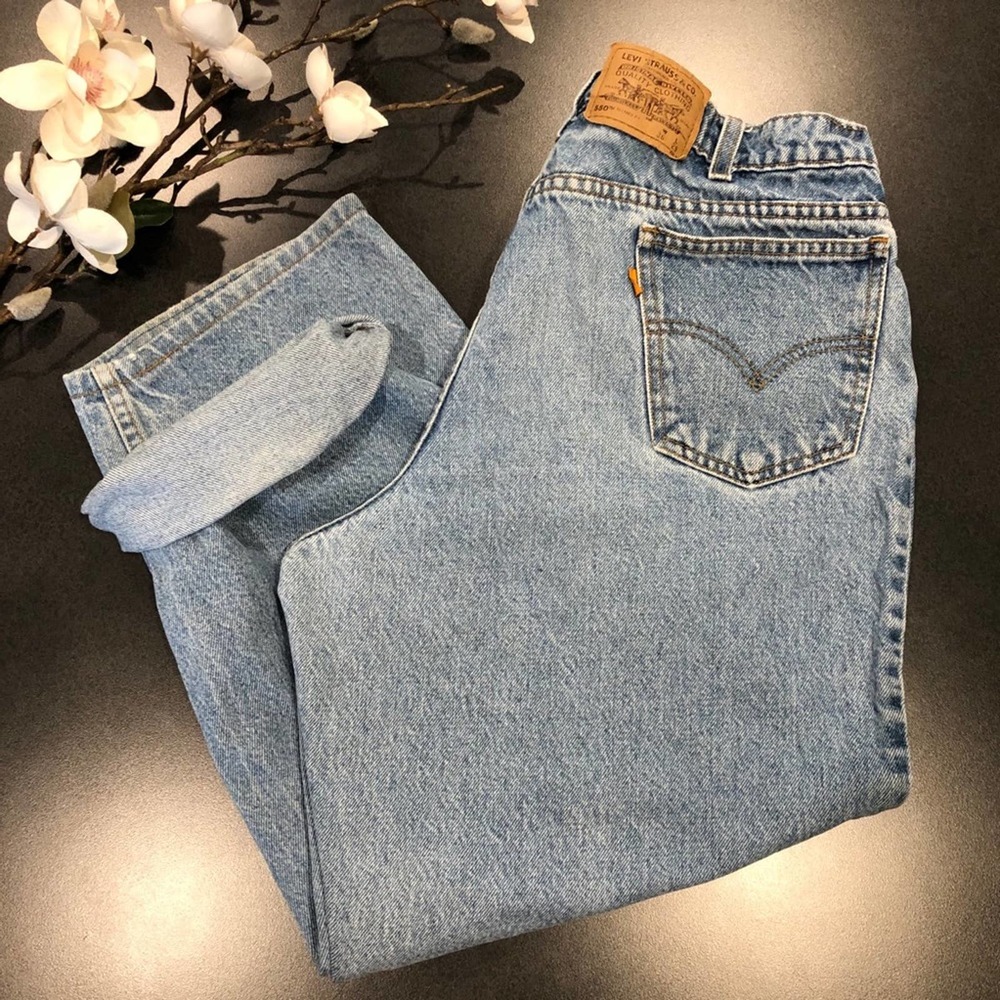 Vintage Levi’s 550 Relaxed Fit Blank Orange Tab Jeans Distressed 90s High Water